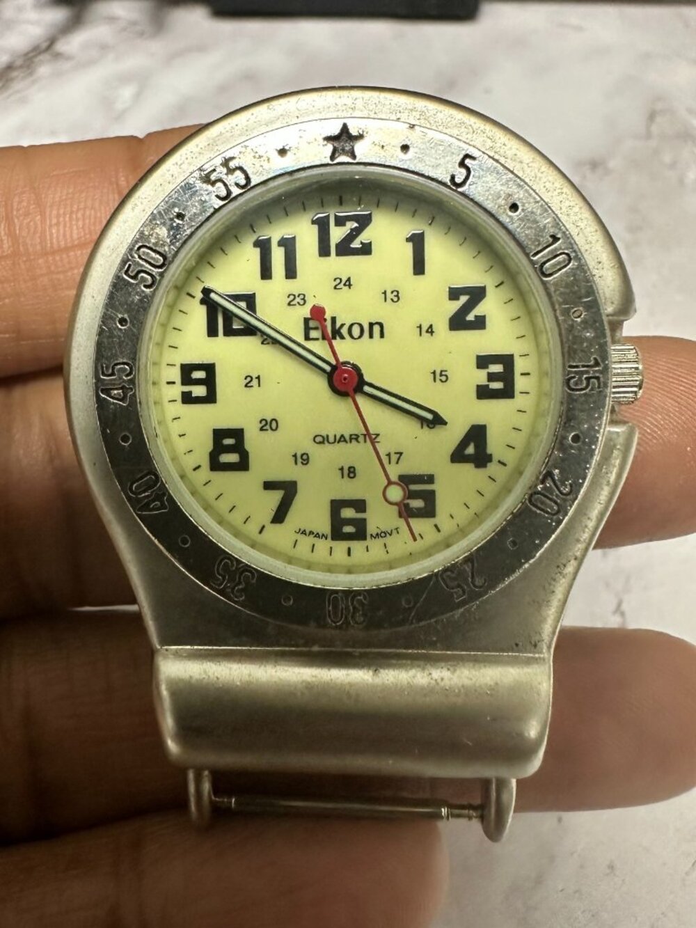 Eikon Clip On Watch Mens Silver Tone Yellow Dial 36MM No Band New Battery